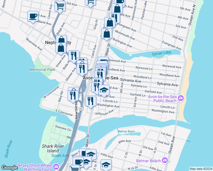 map of restaurants, bars, coffee shops, grocery stores, and more near 500 Garfield Avenue in Avon-by-the-Sea
