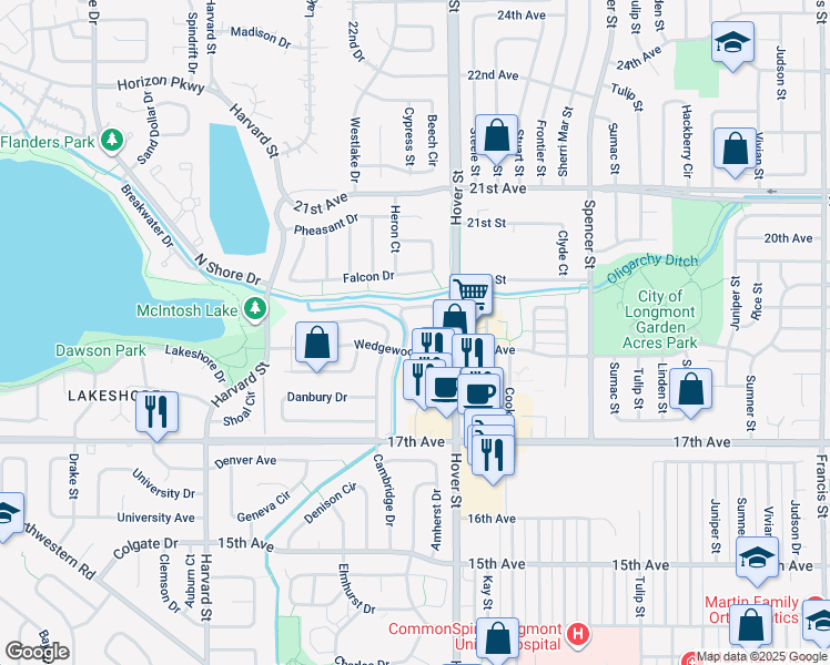 map of restaurants, bars, coffee shops, grocery stores, and more near 2330 Wedgewood Avenue in Longmont