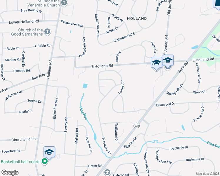 map of restaurants, bars, coffee shops, grocery stores, and more near 258 Woodlake Drive in Bucks County