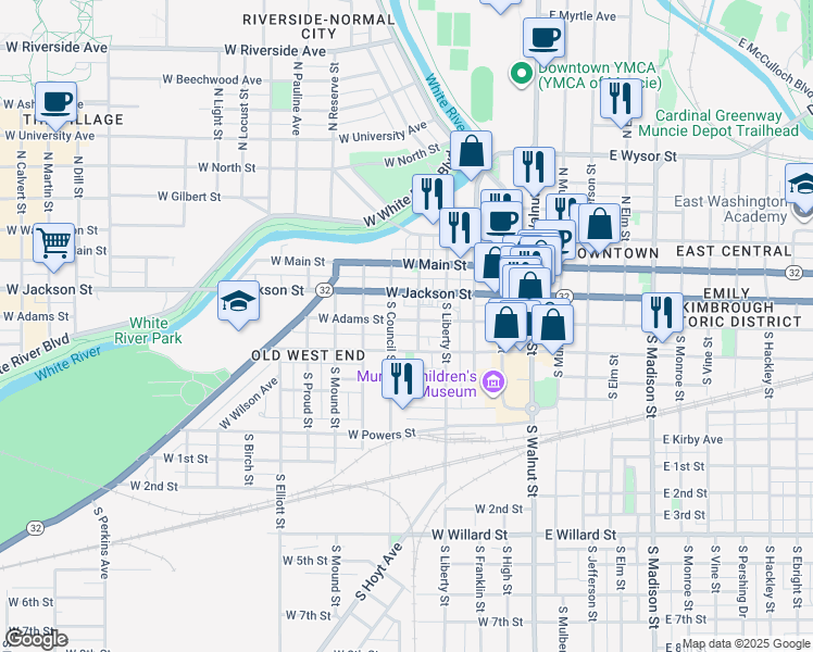 map of restaurants, bars, coffee shops, grocery stores, and more near 509 West Adams Street in Muncie