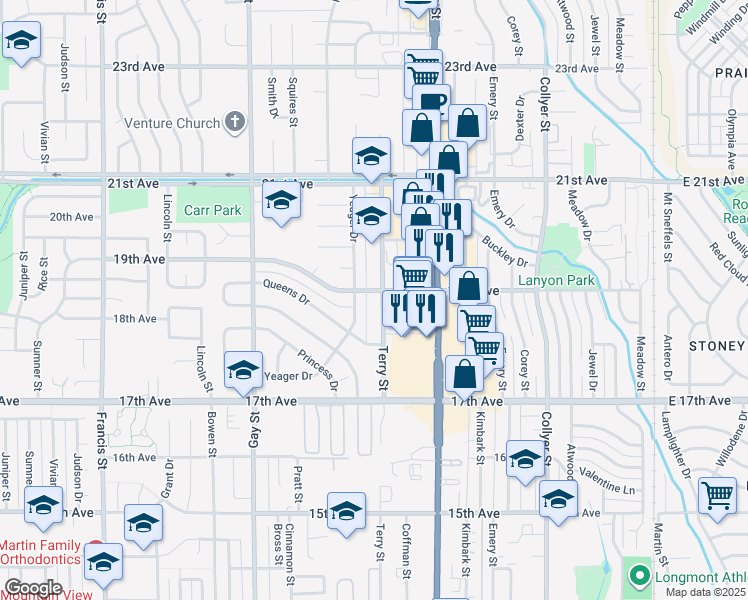 map of restaurants, bars, coffee shops, grocery stores, and more near 1901 Terry Street in Longmont