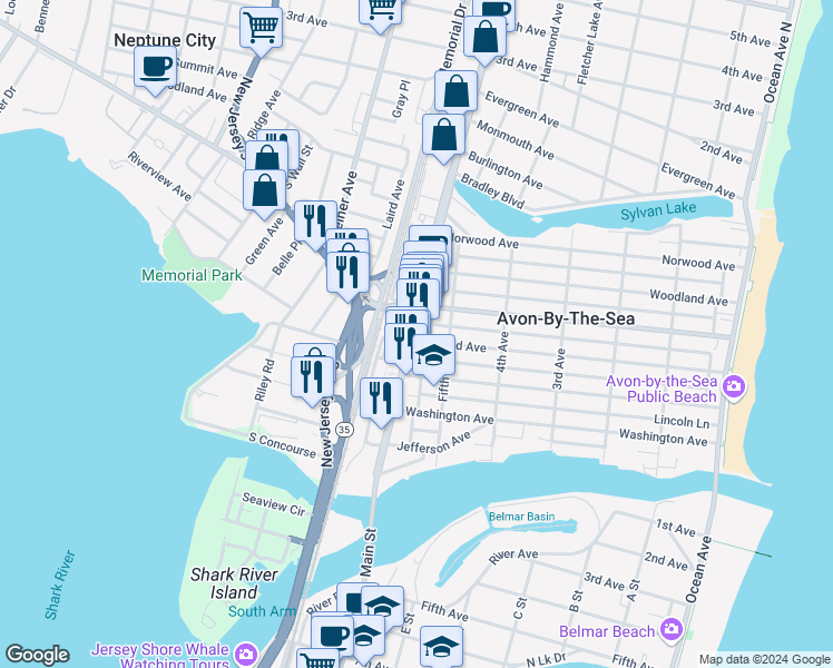 map of restaurants, bars, coffee shops, grocery stores, and more near in Avon-by-the-Sea
