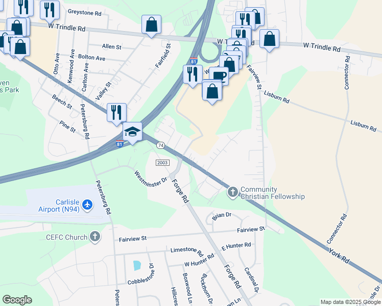 map of restaurants, bars, coffee shops, grocery stores, and more near 321 York Road in Carlisle