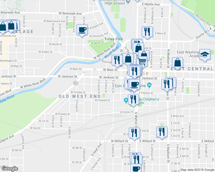 map of restaurants, bars, coffee shops, grocery stores, and more near 415 West Jackson Street in Muncie