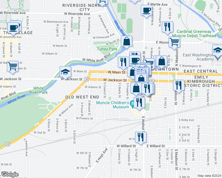 map of restaurants, bars, coffee shops, grocery stores, and more near 415 West Jackson Street in Muncie