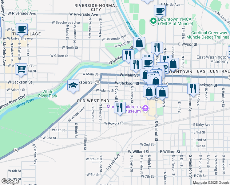 map of restaurants, bars, coffee shops, grocery stores, and more near 522 West Adams Street in Muncie