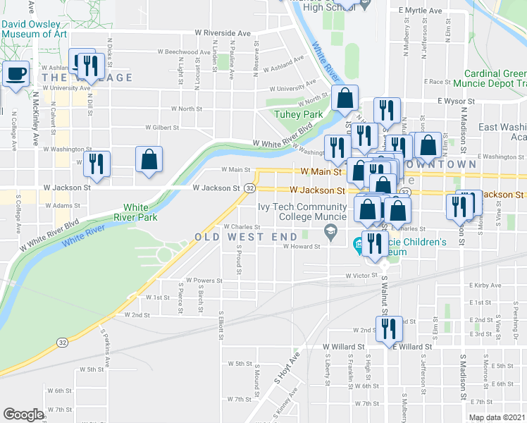 map of restaurants, bars, coffee shops, grocery stores, and more near 701 West Jackson Street in Muncie