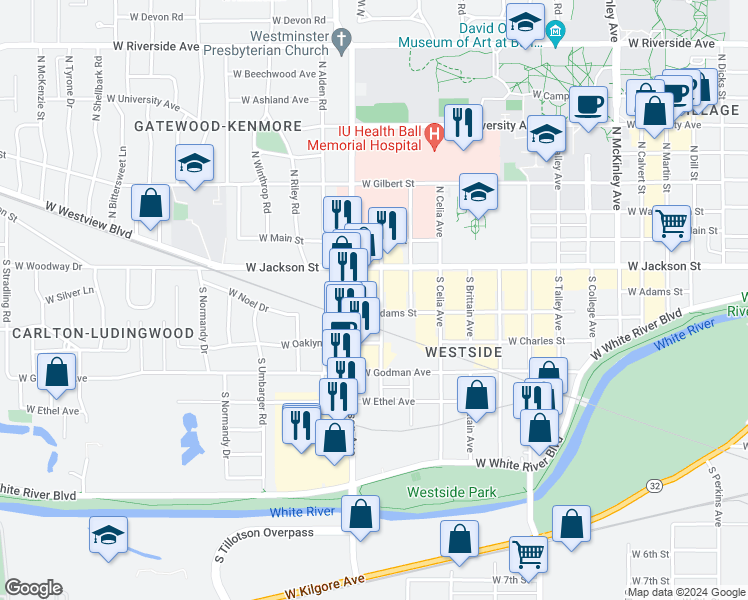 map of restaurants, bars, coffee shops, grocery stores, and more near 206 South Manning Avenue in Muncie
