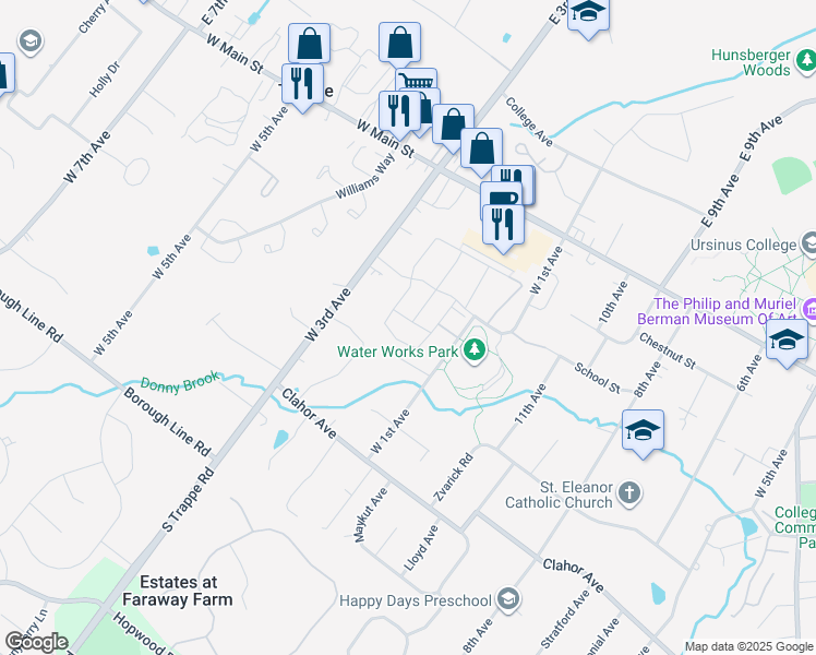 map of restaurants, bars, coffee shops, grocery stores, and more near 165 Royer Drive in Collegeville