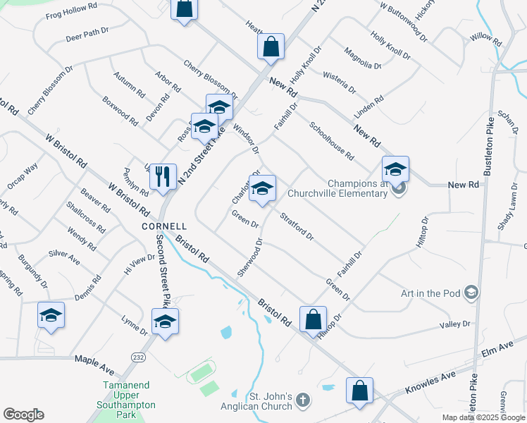 map of restaurants, bars, coffee shops, grocery stores, and more near in Churchville