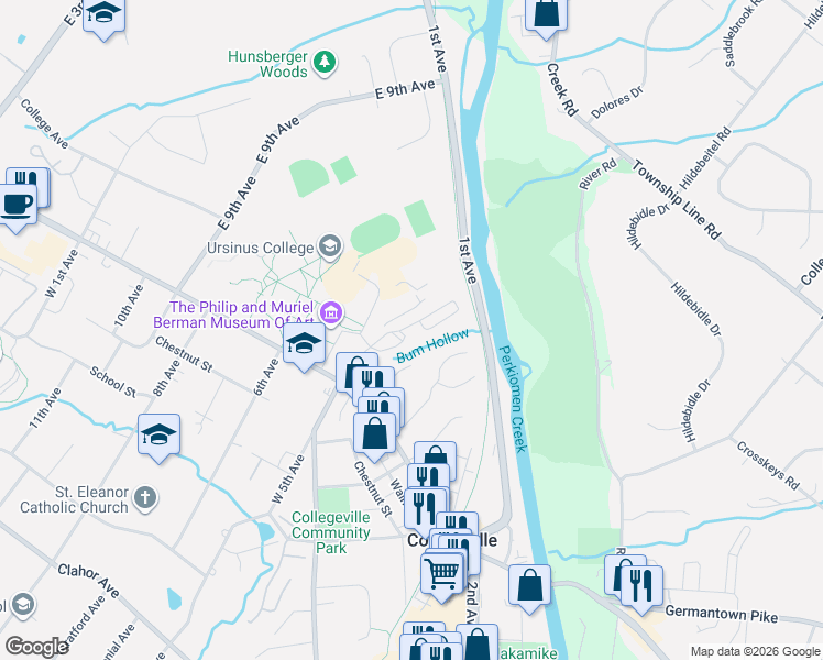 map of restaurants, bars, coffee shops, grocery stores, and more near 74 East 5th Avenue in Collegeville