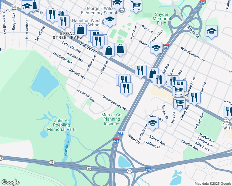 map of restaurants, bars, coffee shops, grocery stores, and more near 2465 South Broad Street in Hamilton Township