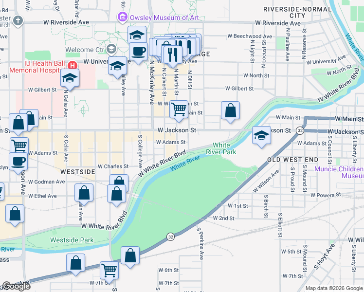 map of restaurants, bars, coffee shops, grocery stores, and more near 1609 West Adams Street in Muncie