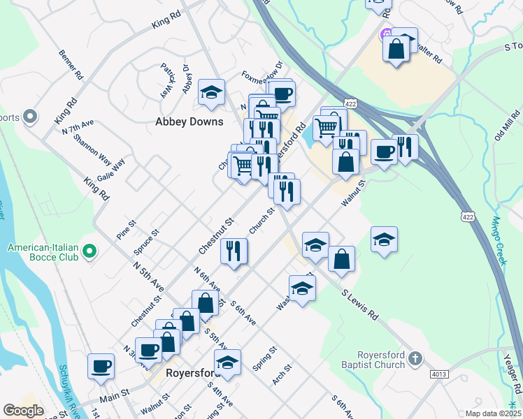map of restaurants, bars, coffee shops, grocery stores, and more near 801 Church Street in Royersford