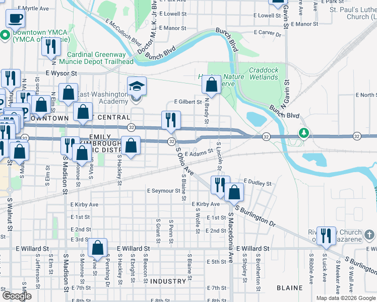 map of restaurants, bars, coffee shops, grocery stores, and more near 1347 East Jackson Street in Muncie