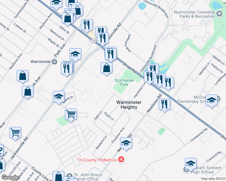 map of restaurants, bars, coffee shops, grocery stores, and more near 139 Luff Lane in Warminster