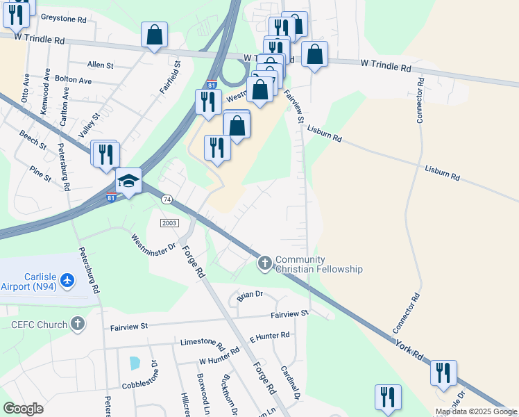 map of restaurants, bars, coffee shops, grocery stores, and more near 13 Wood Lane in Carlisle