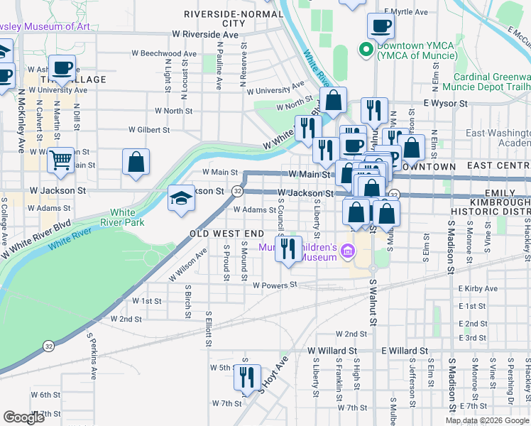 map of restaurants, bars, coffee shops, grocery stores, and more near 701 West Jackson Street in Muncie