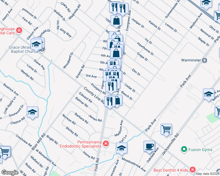 map of restaurants, bars, coffee shops, grocery stores, and more near 90 York Road in Warminster