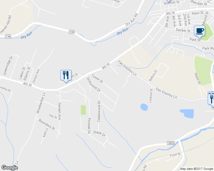 map of restaurants, bars, coffee shops, grocery stores, and more near 117 Tower Street in Monongahela