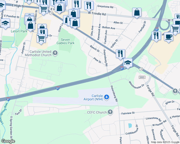 map of restaurants, bars, coffee shops, grocery stores, and more near 119 Sable Drive in Carlisle