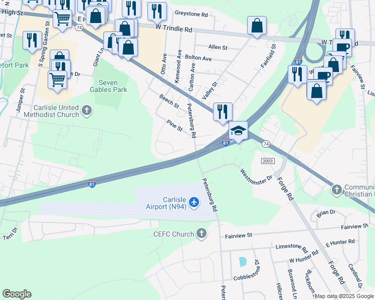map of restaurants, bars, coffee shops, grocery stores, and more near 212 Sable Drive in Carlisle