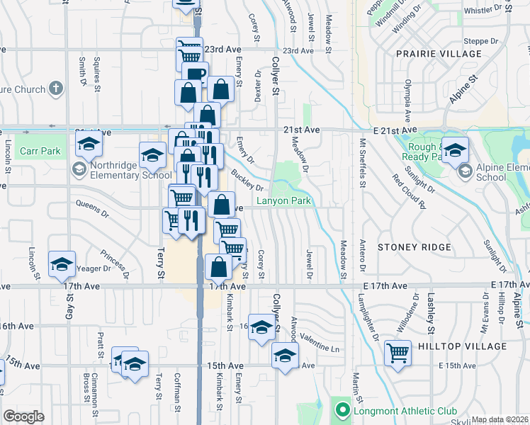map of restaurants, bars, coffee shops, grocery stores, and more near 1900 Corey Street in Longmont