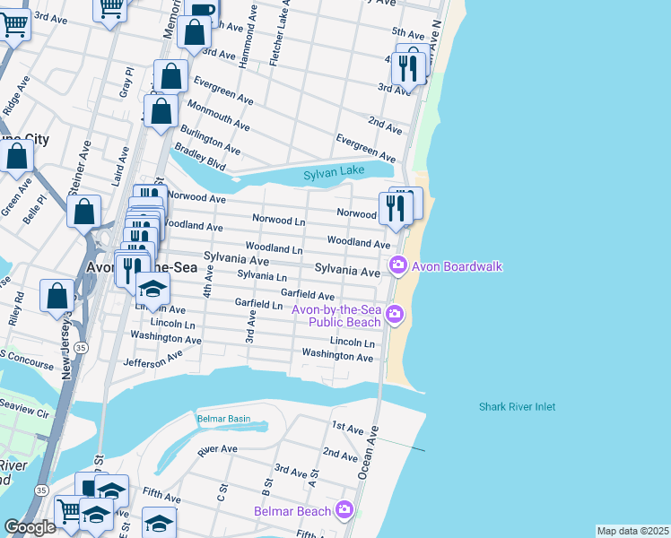 map of restaurants, bars, coffee shops, grocery stores, and more near 122 Sylvania Avenue in Avon-by-the-Sea