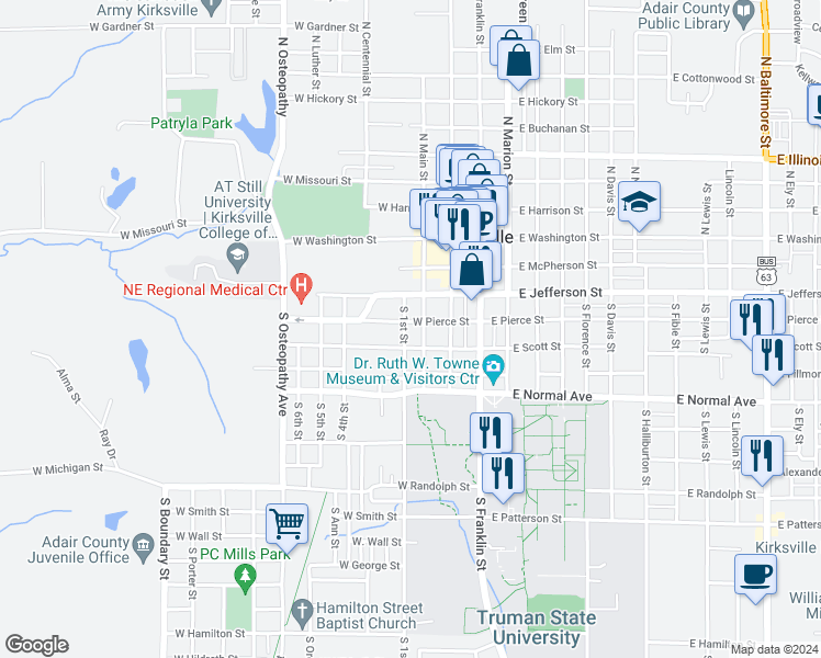 map of restaurants, bars, coffee shops, grocery stores, and more near 307 South 1st Street in Kirksville