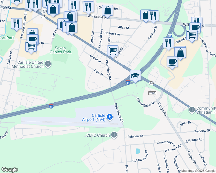 map of restaurants, bars, coffee shops, grocery stores, and more near 212 Sable Drive in Carlisle