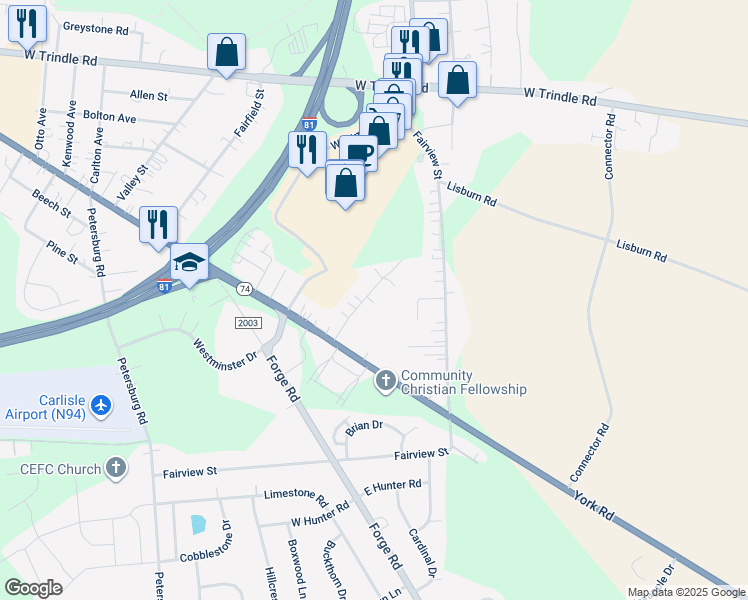 map of restaurants, bars, coffee shops, grocery stores, and more near 13 Wood Lane in Carlisle