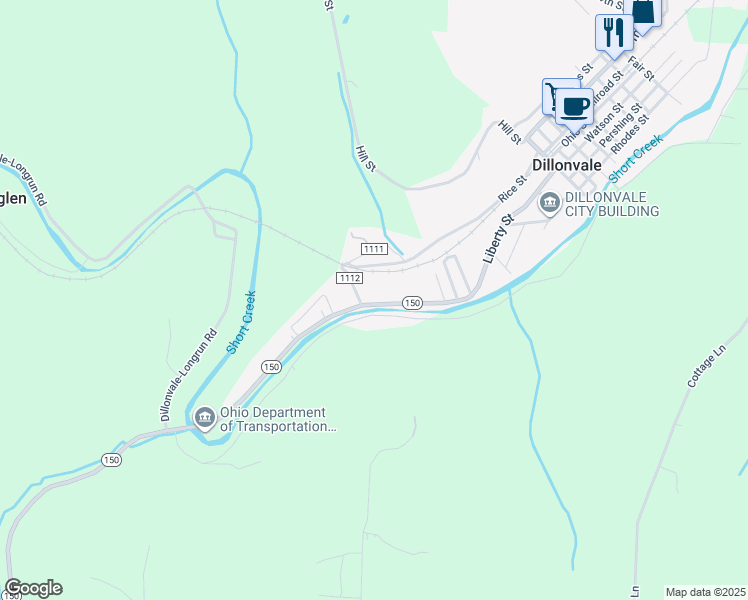 map of restaurants, bars, coffee shops, grocery stores, and more near 5190 Ohio 150 in Dillonvale