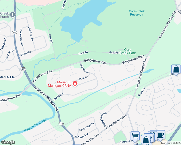 map of restaurants, bars, coffee shops, grocery stores, and more near 524 Old Mill Drive in Langhorne