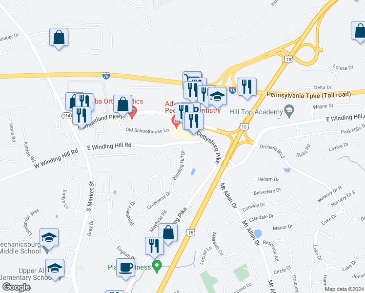 map of restaurants, bars, coffee shops, grocery stores, and more near 202 East Winding Hill Road in Mechanicsburg