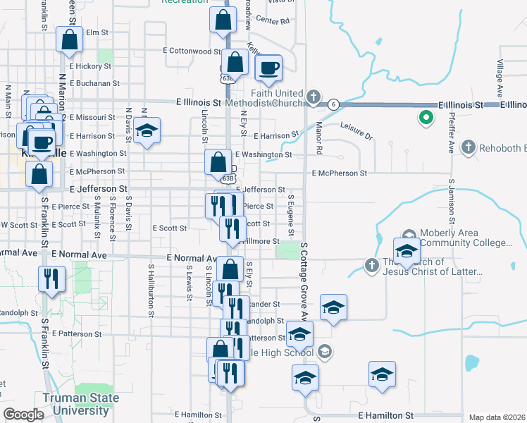 map of restaurants, bars, coffee shops, grocery stores, and more near 1301-1399 E Pierce St in Kirksville
