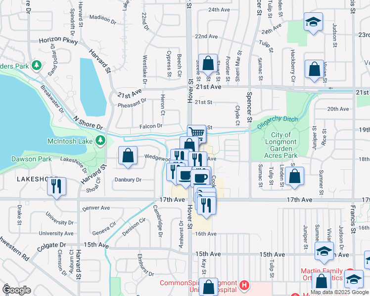 map of restaurants, bars, coffee shops, grocery stores, and more near 2320 Wedgewood Avenue in Longmont