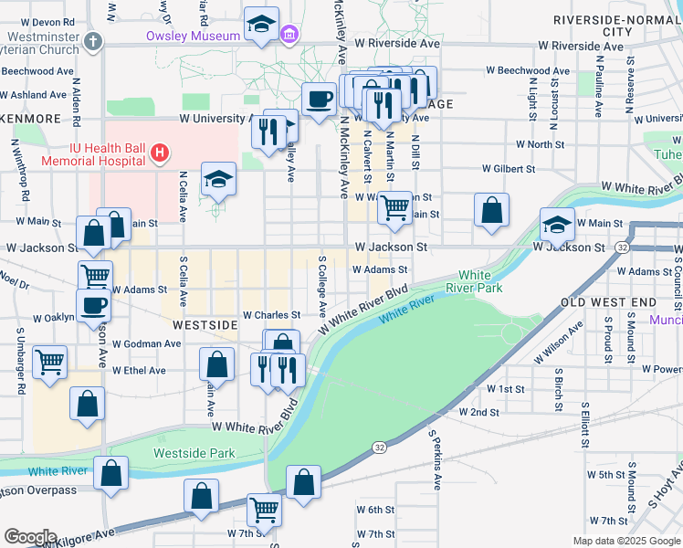 map of restaurants, bars, coffee shops, grocery stores, and more near 216 South College Avenue in Muncie