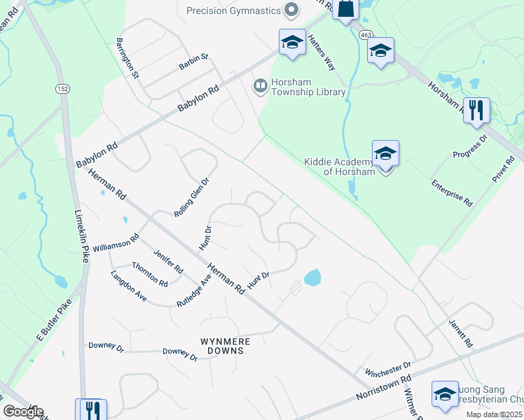 map of restaurants, bars, coffee shops, grocery stores, and more near 6 Brandywine Drive in Horsham