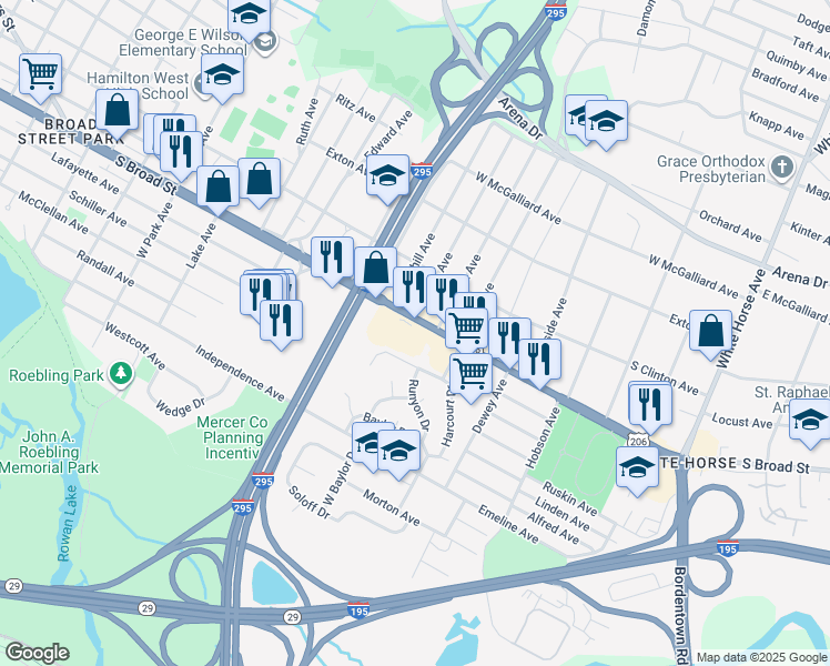 map of restaurants, bars, coffee shops, grocery stores, and more near 2600 South Broad Street in Trenton