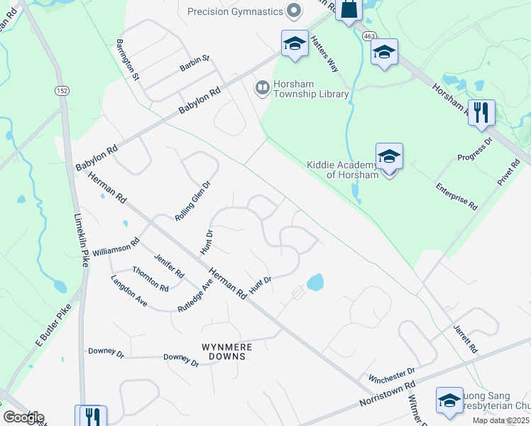 map of restaurants, bars, coffee shops, grocery stores, and more near 6 Brandywine Drive in Horsham
