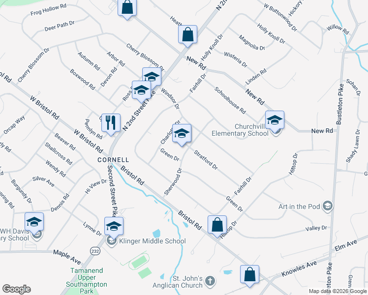 map of restaurants, bars, coffee shops, grocery stores, and more near 270 Stratford Drive in Bucks County