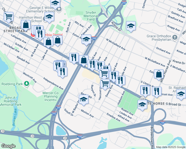 map of restaurants, bars, coffee shops, grocery stores, and more near 2609 South Broad Street in Trenton