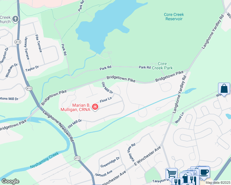 map of restaurants, bars, coffee shops, grocery stores, and more near 524 Old Mill Drive in Langhorne