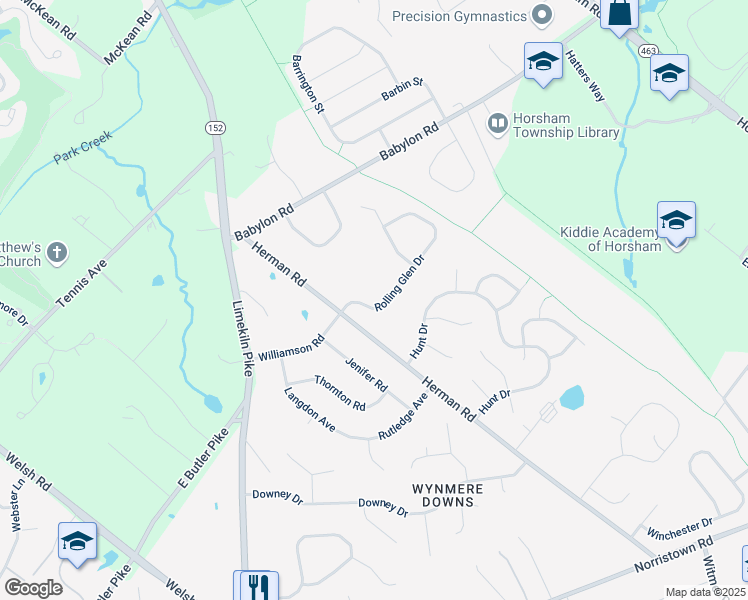 map of restaurants, bars, coffee shops, grocery stores, and more near 509 Rolling Glen Drive in Horsham