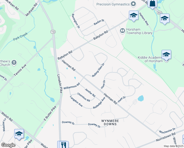 map of restaurants, bars, coffee shops, grocery stores, and more near 509 Rolling Glen Drive in Horsham