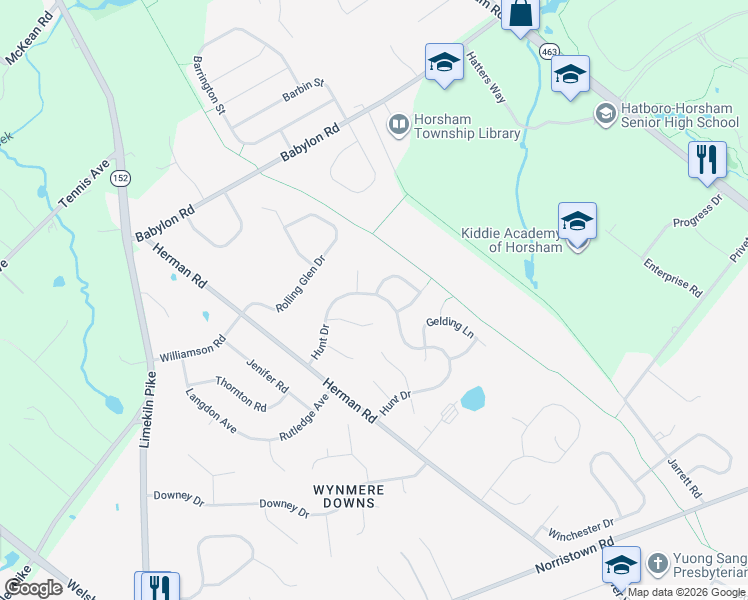 map of restaurants, bars, coffee shops, grocery stores, and more near 114 Hunt Drive in Horsham