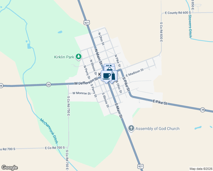 map of restaurants, bars, coffee shops, grocery stores, and more near 110 South Main Street in Kirklin