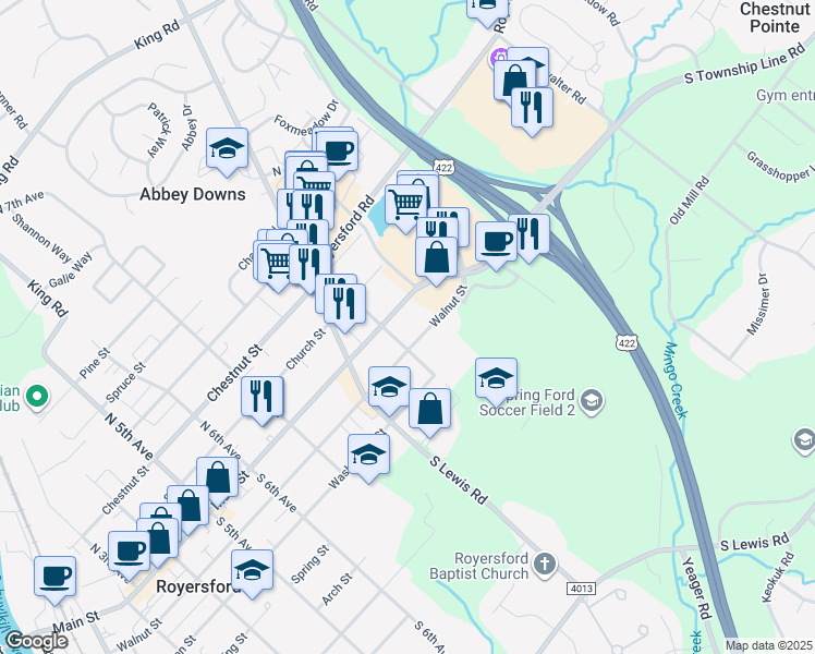 map of restaurants, bars, coffee shops, grocery stores, and more near 923 Walnut Street in Royersford