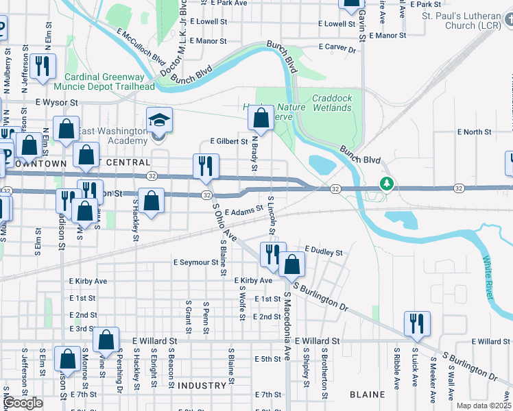 map of restaurants, bars, coffee shops, grocery stores, and more near 1501 East Jackson Street in Muncie