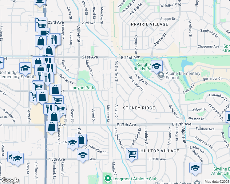 map of restaurants, bars, coffee shops, grocery stores, and more near 1881 Mount Sneffels Street in Longmont